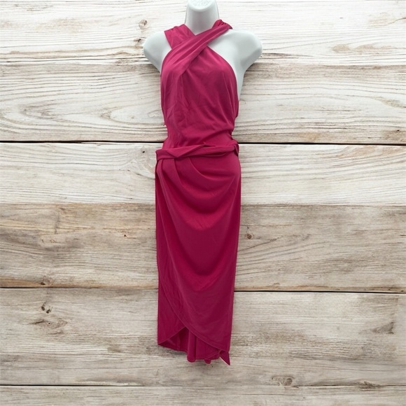 Hanna Nikole Fuchsia Halterneck Maxi Dress 22W NWT | Ruched Side, Thigh Slit - Picture 1 of 4